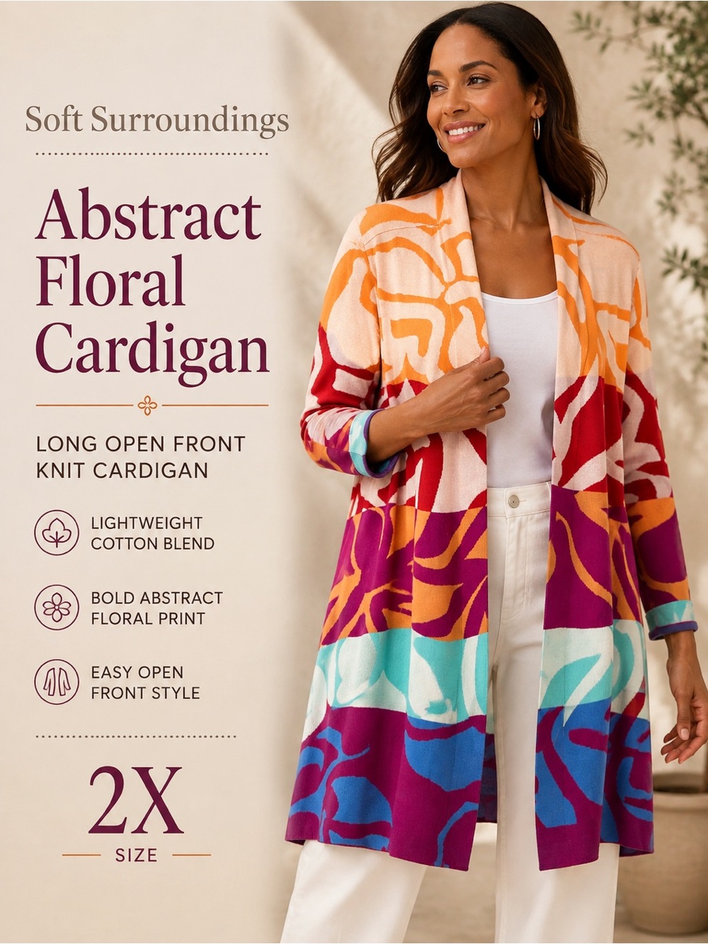 Soft Surroundings Color Burst Cardigan 2X Multicolor Abstract Longline